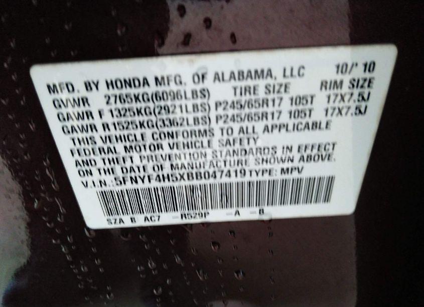 Photo 9 of 2011 Honda Pilot EX-L (VIN 5FNYF4H5XBB047419)