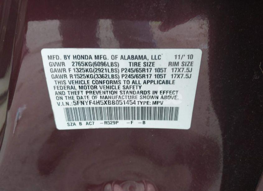 Photo 9 of 2011 Honda Pilot EX-L (VIN 5FNYF4H5XBB051454)