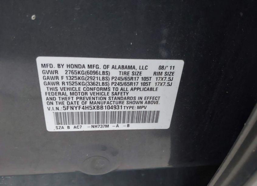 Photo 9 of 2011 Honda Pilot EX-L (VIN 5FNYF4H5XBB104931)