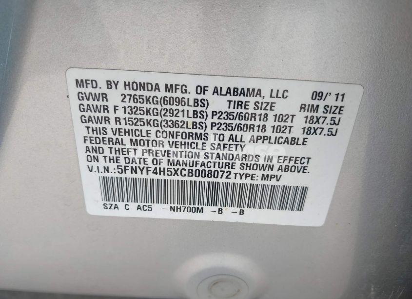 Photo 9 of 2012 Honda Pilot EX-L (VIN 5FNYF4H5XCB008072)