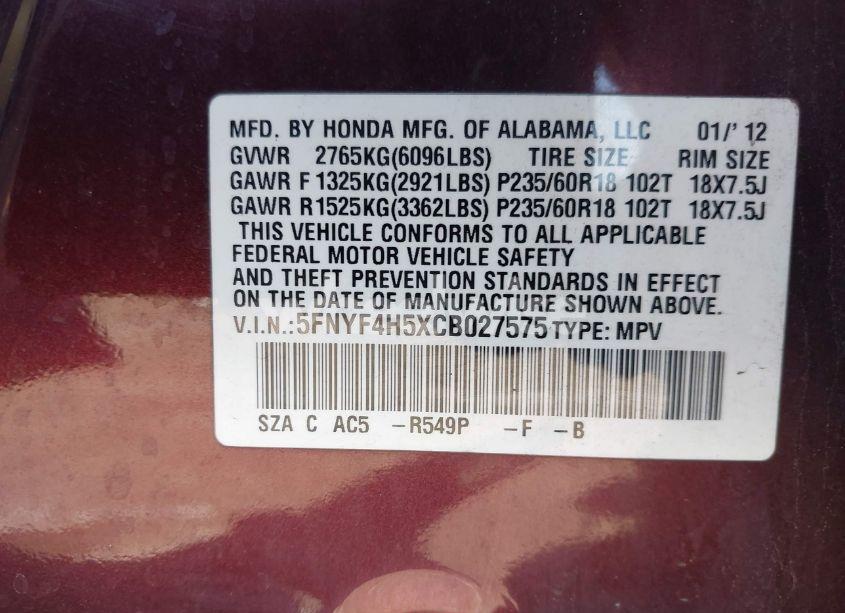 Photo 9 of 2012 Honda Pilot EX-L (VIN 5FNYF4H5XCB027575)