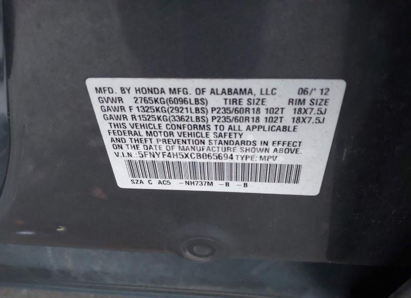 Photo 9 of 2012 Honda Pilot EX-L (VIN 5FNYF4H5XCB065694)