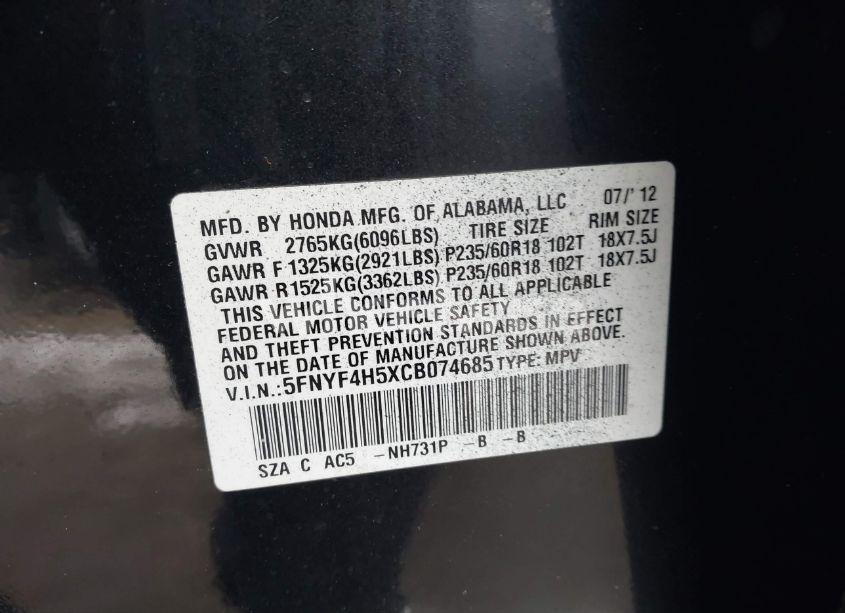 Photo 9 of 2012 Honda Pilot EX-L (VIN 5FNYF4H5XCB074685)
