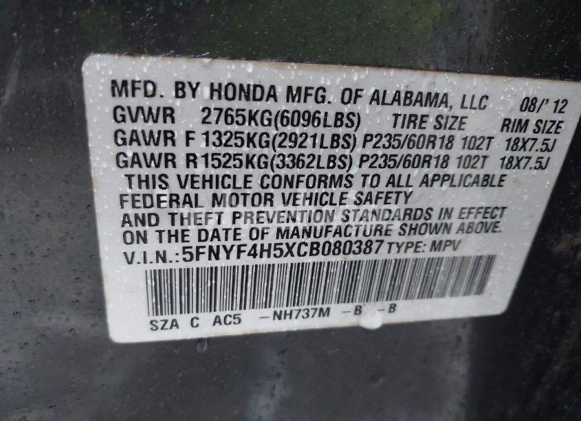 Photo 9 of 2012 Honda Pilot EX-L (VIN 5FNYF4H5XCB080387)