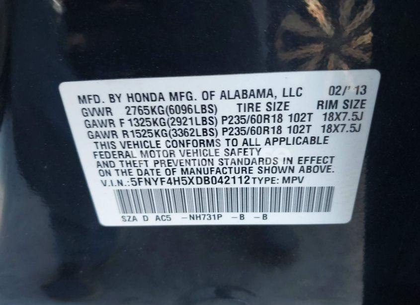 Photo 9 of 2013 Honda Pilot EX-L (VIN 5FNYF4H5XDB042112)