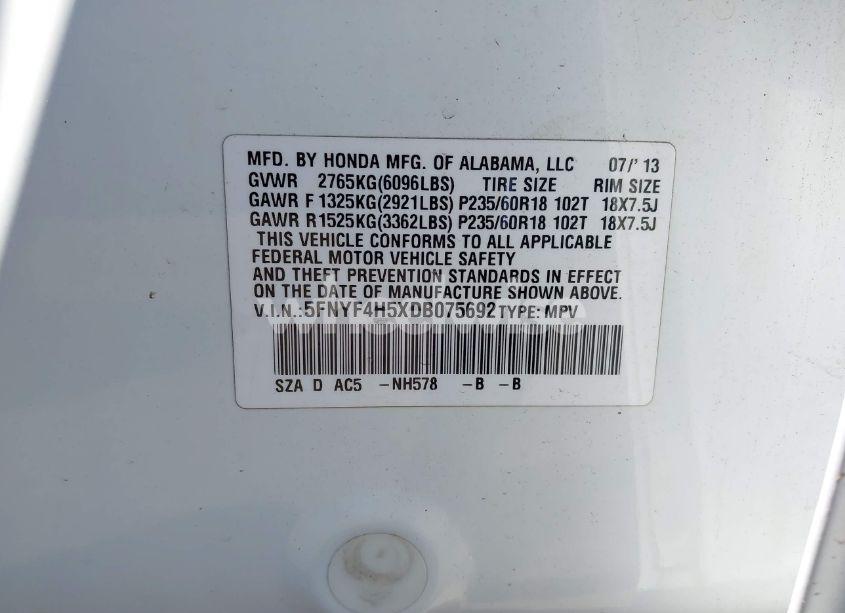 Photo 9 of 2013 Honda Pilot EX-L (VIN 5FNYF4H5XDB075692)