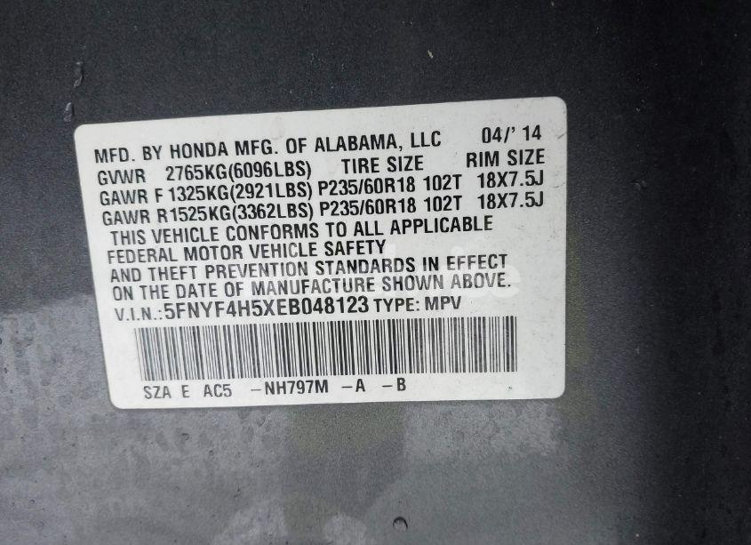 Photo 9 of 2014 Honda Pilot EX-L (VIN 5FNYF4H5XEB048123)