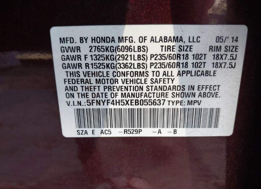Photo 9 of 2014 Honda Pilot EX-L (VIN 5FNYF4H5XEB055637)