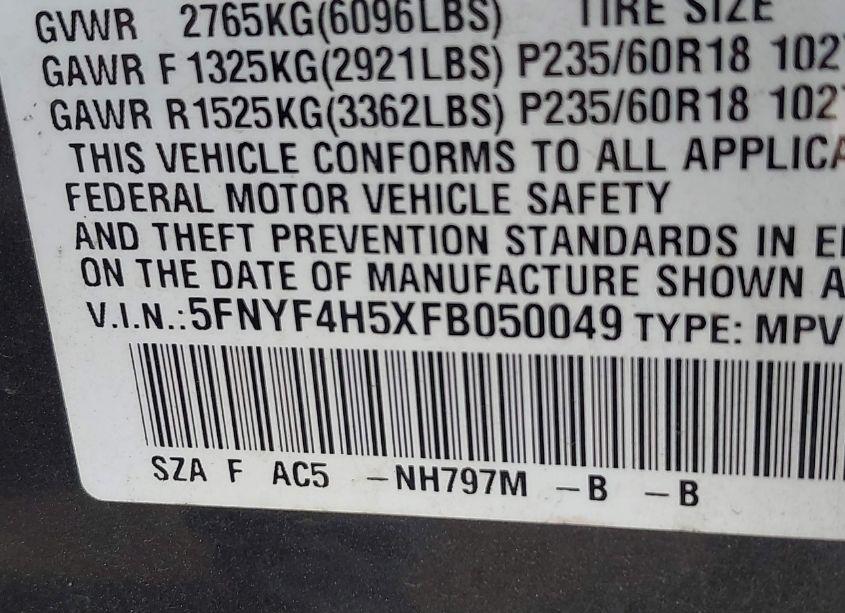 Photo 9 of 2015 Honda Pilot EX-L (VIN 5FNYF4H5XFB050049)