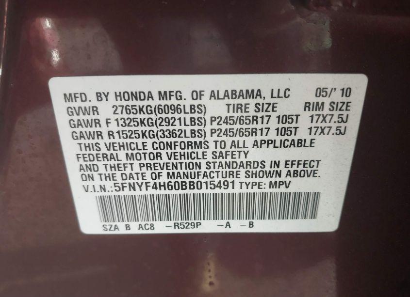 Photo 9 of 2011 Honda Pilot EX-L (VIN 5FNYF4H60BB015491)