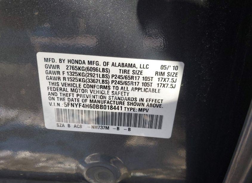 Photo 9 of 2011 Honda Pilot EX-L (VIN 5FNYF4H60BB018441)