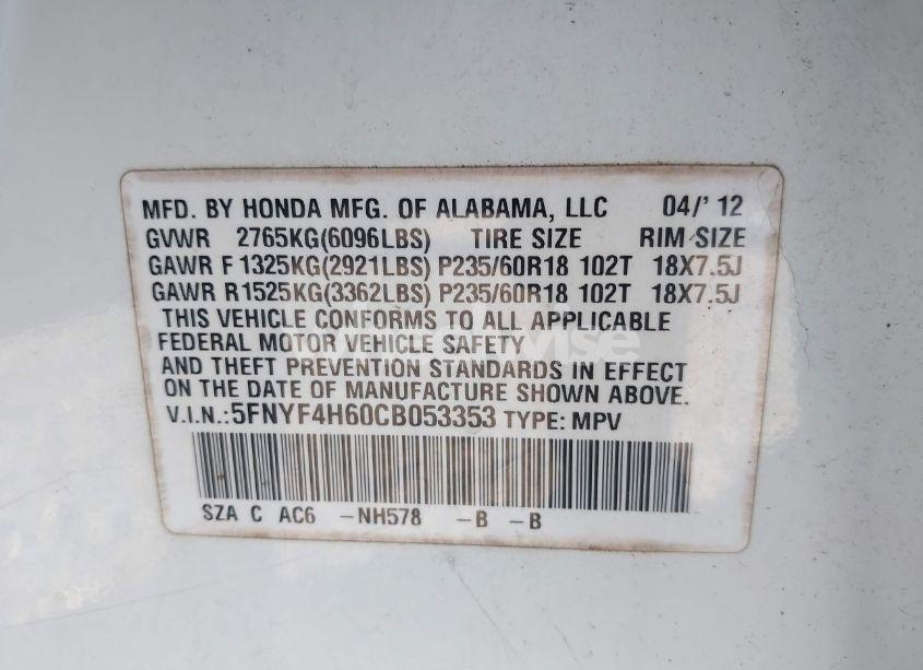 Photo 9 of 2012 Honda Pilot EX-L (VIN 5FNYF4H60CB053353)