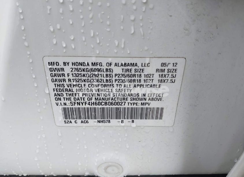 Photo 9 of 2012 Honda Pilot EX-L (VIN 5FNYF4H60CB060027)