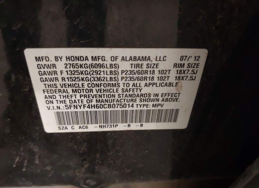 Photo 9 of 2012 Honda Pilot EX-L (VIN 5FNYF4H60CB075014)