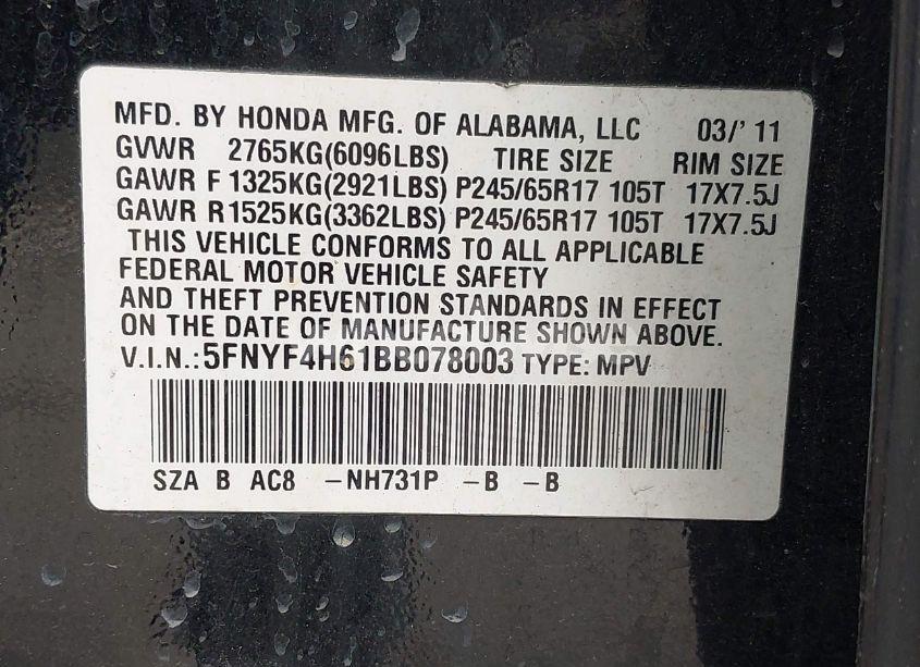 Photo 9 of 2011 Honda Pilot EX-L (VIN 5FNYF4H61BB078003)