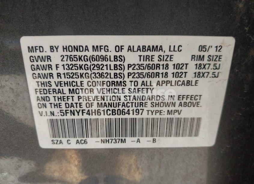 Photo 9 of 2012 Honda Pilot EX-L (VIN 5FNYF4H61CB064197)