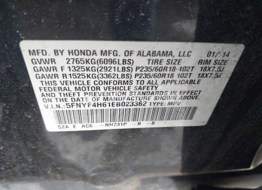 Photo 9 of 2014 Honda Pilot EX-L (VIN 5FNYF4H61EB023362)