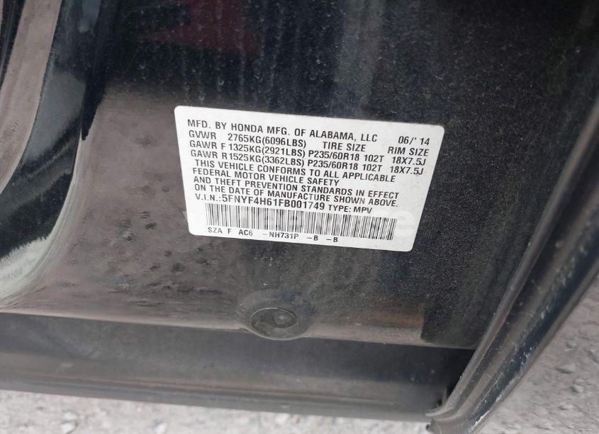 Photo 9 of 2015 Honda Pilot EX-L (VIN 5FNYF4H61FB001749)