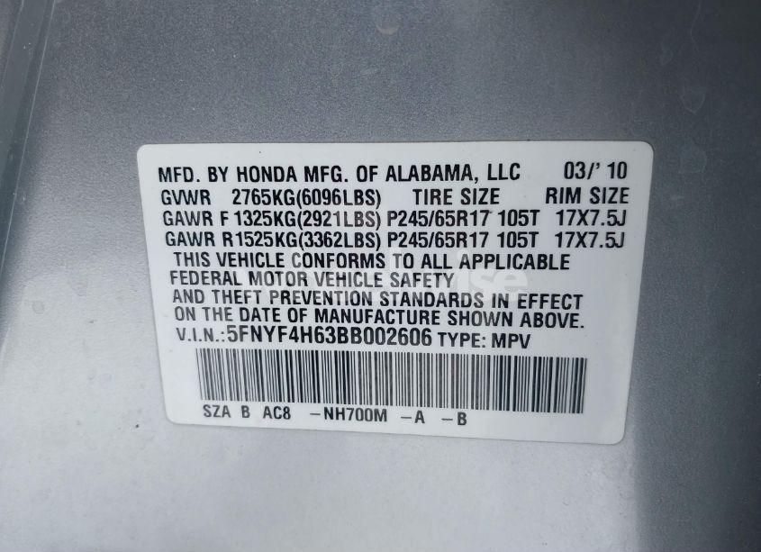 Photo 9 of 2011 Honda Pilot EX-L (VIN 5FNYF4H63BB002606)