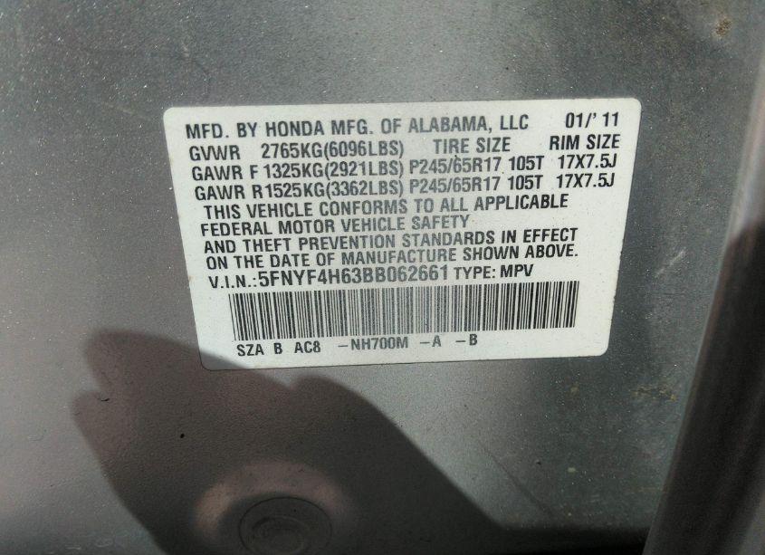 Photo 9 of 2011 Honda Pilot EX-L (VIN 5FNYF4H63BB062661)