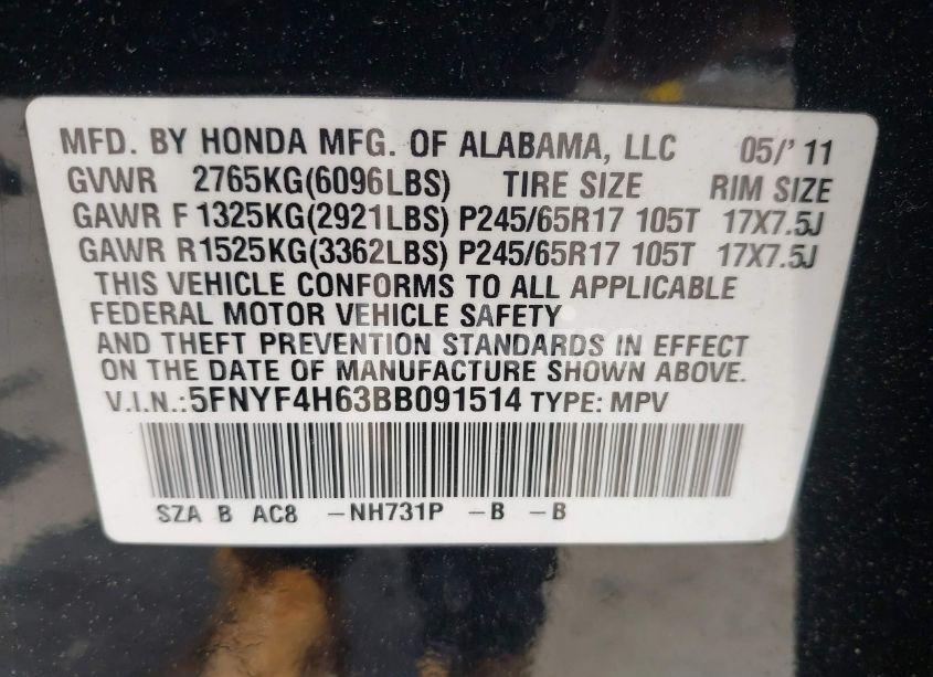 Photo 9 of 2011 Honda Pilot EX-L (VIN 5FNYF4H63BB091514)