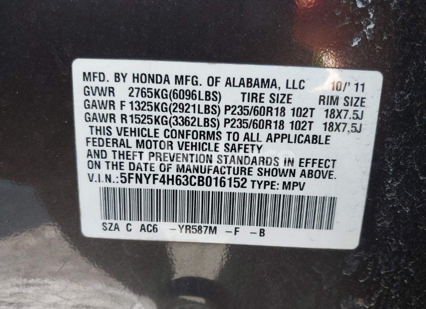 Photo 9 of 2012 Honda Pilot EX-L (VIN 5FNYF4H63CB016152)