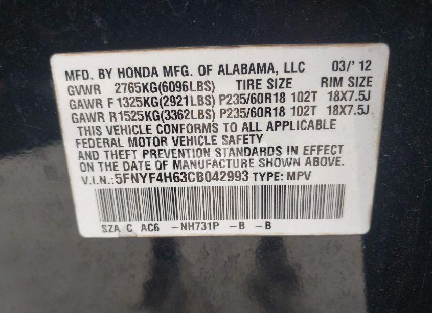 Photo 9 of 2012 Honda Pilot EX-L (VIN 5FNYF4H63CB042993)