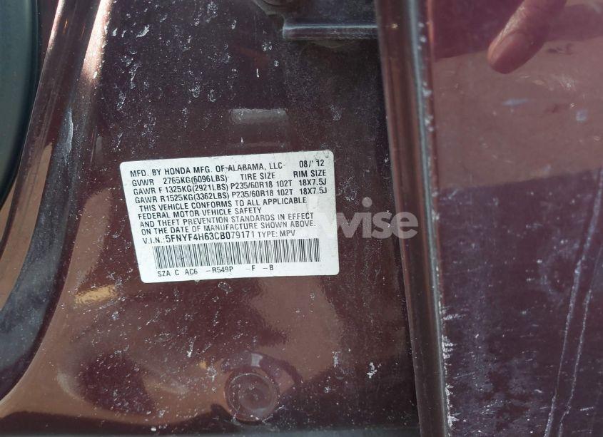 Photo 9 of 2012 Honda Pilot EX-L (VIN 5FNYF4H63CB079171)