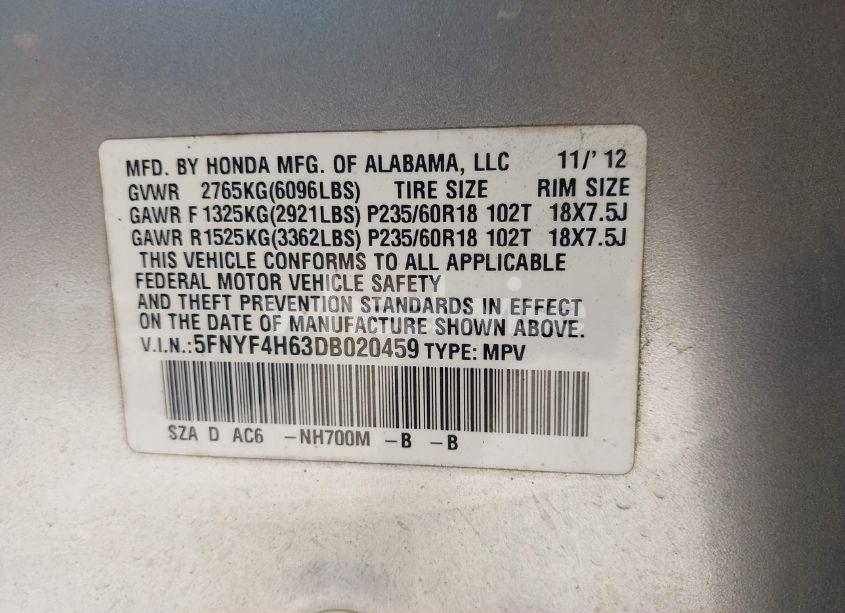 Photo 9 of 2013 Honda Pilot EX-L (VIN 5FNYF4H63DB020459)