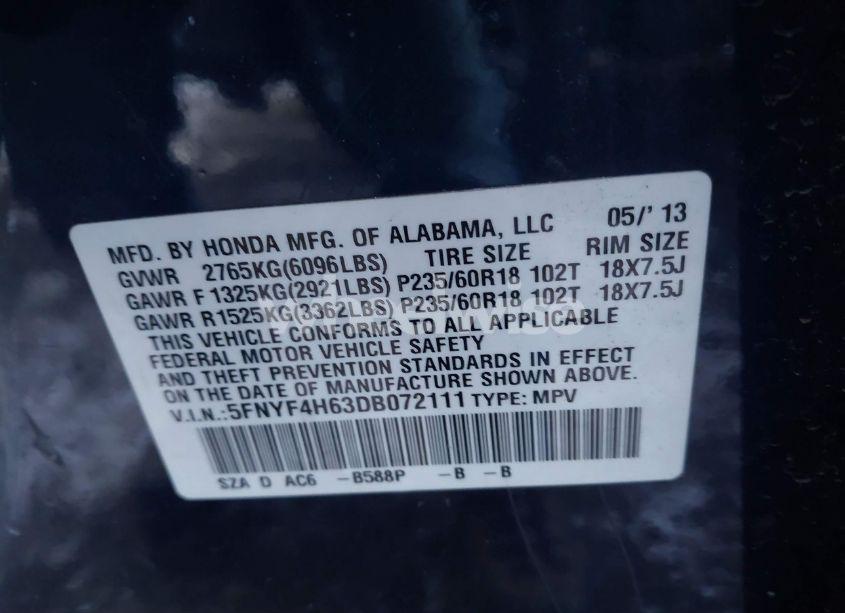 Photo 9 of 2013 Honda Pilot EX-L (VIN 5FNYF4H63DB072111)