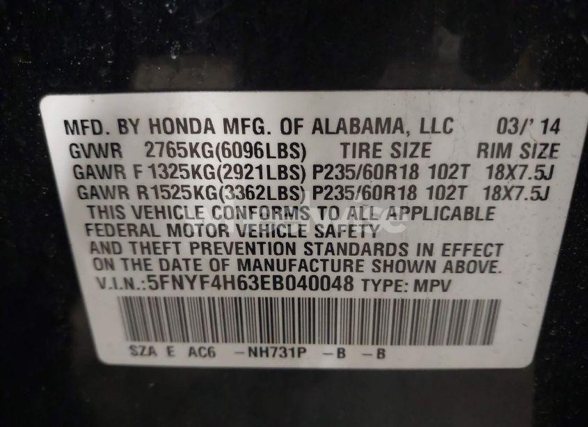 Photo 9 of 2014 Honda Pilot EX-L (VIN 5FNYF4H63EB040048)