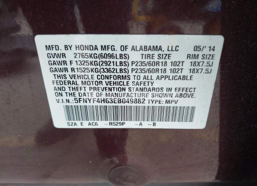 Photo 9 of 2014 Honda Pilot EX-L (VIN 5FNYF4H63EB049882)