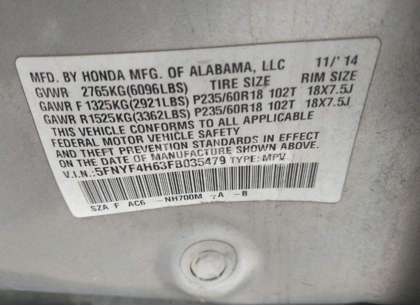 Photo 9 of 2015 Honda Pilot EX-L (VIN 5FNYF4H63FB035479)