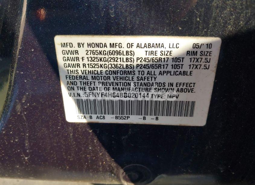 Photo 9 of 2011 Honda Pilot EX-L (VIN 5FNYF4H64BB020144)