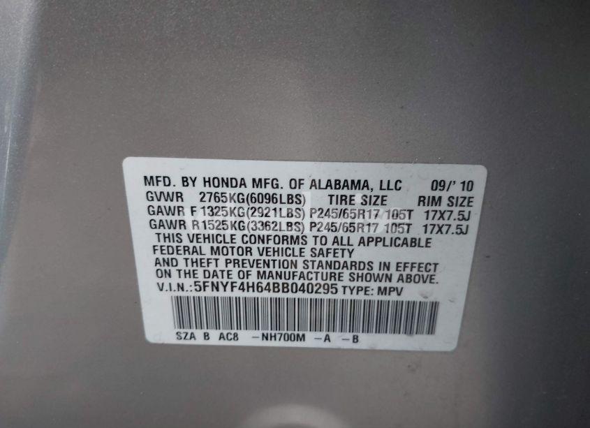 Photo 9 of 2011 Honda Pilot EX-L (VIN 5FNYF4H64BB040295)