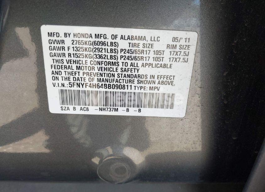 Photo 9 of 2011 Honda Pilot EX-L (VIN 5FNYF4H64BB090811)