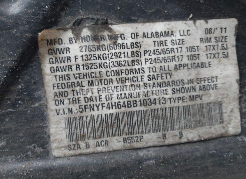 Photo 9 of 2011 Honda Pilot EX-L (VIN 5FNYF4H64BB103413)