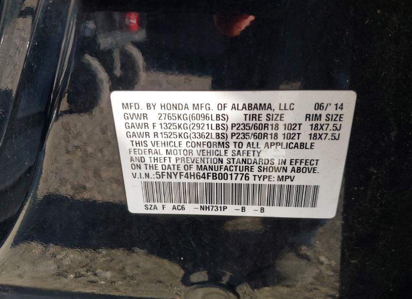 Photo 9 of 2015 Honda Pilot EX-L (VIN 5FNYF4H64FB001776)