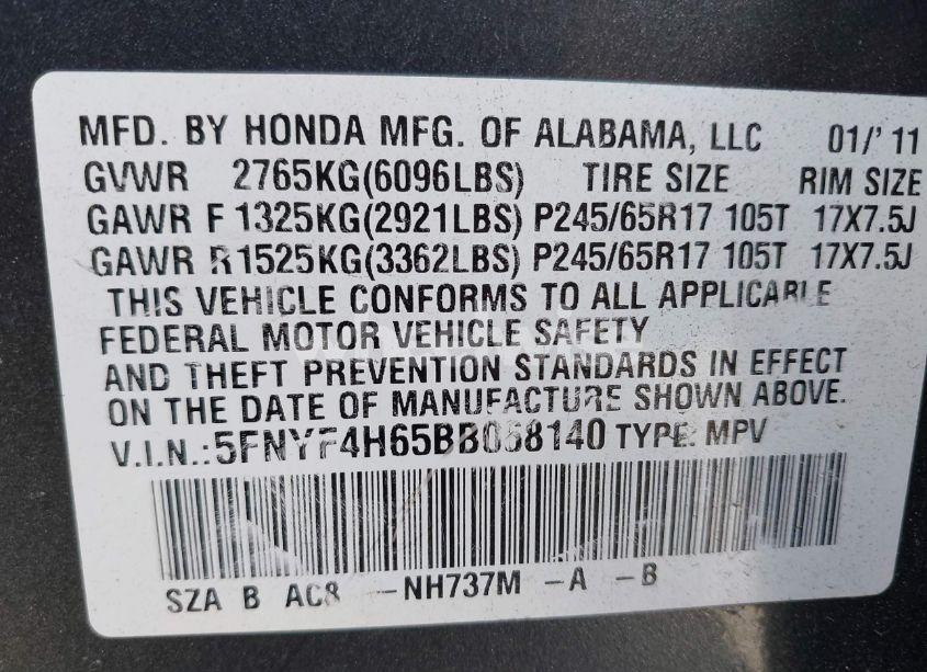 Photo 9 of 2011 Honda Pilot EX-L (VIN 5FNYF4H65BB068140)