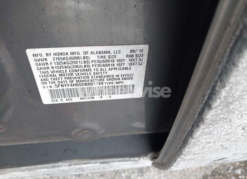 Photo 9 of 2013 Honda Pilot EX-L (VIN 5FNYF4H65DB001749)