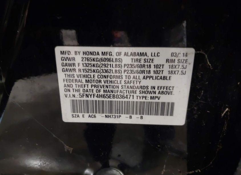 Photo 9 of 2014 Honda Pilot EX-L (VIN 5FNYF4H65EB036471)