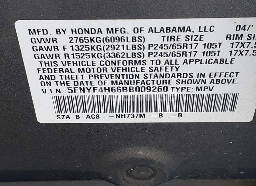 Photo 9 of 2011 Honda Pilot EX-L (VIN 5FNYF4H66BB009260)