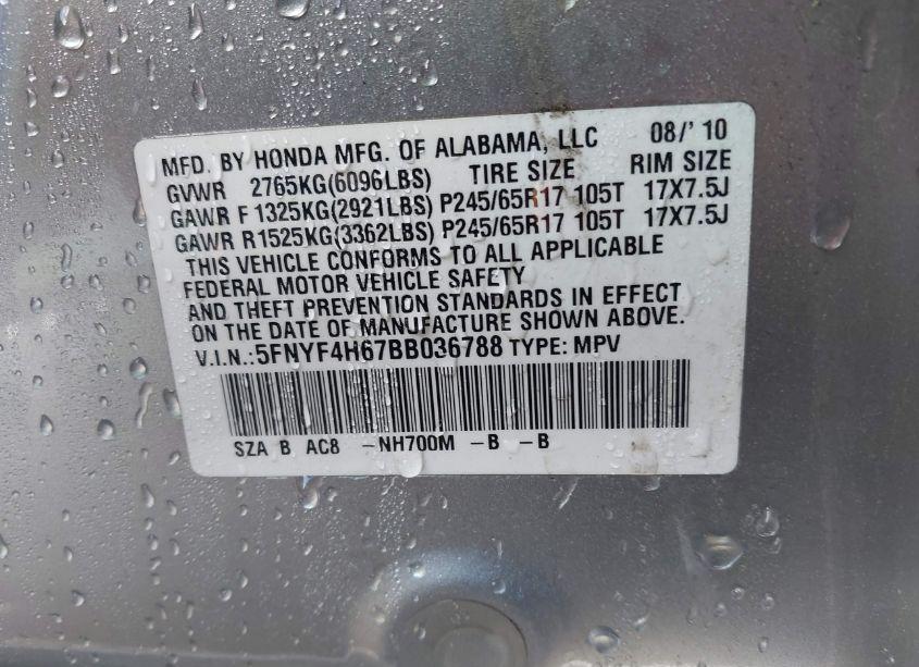 Photo 9 of 2011 Honda Pilot EX-L (VIN 5FNYF4H67BB036788)