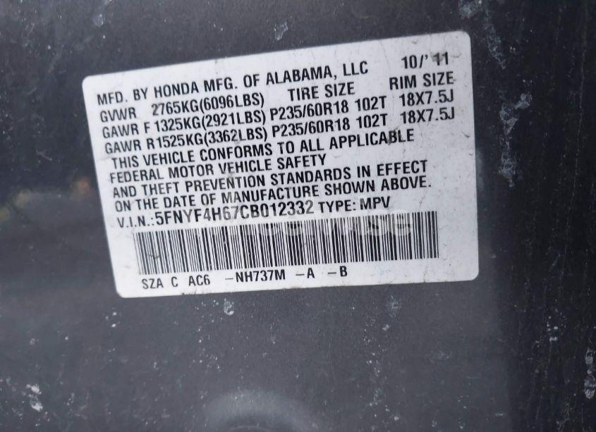 Photo 9 of 2012 Honda Pilot EX-L (VIN 5FNYF4H67CB012332)