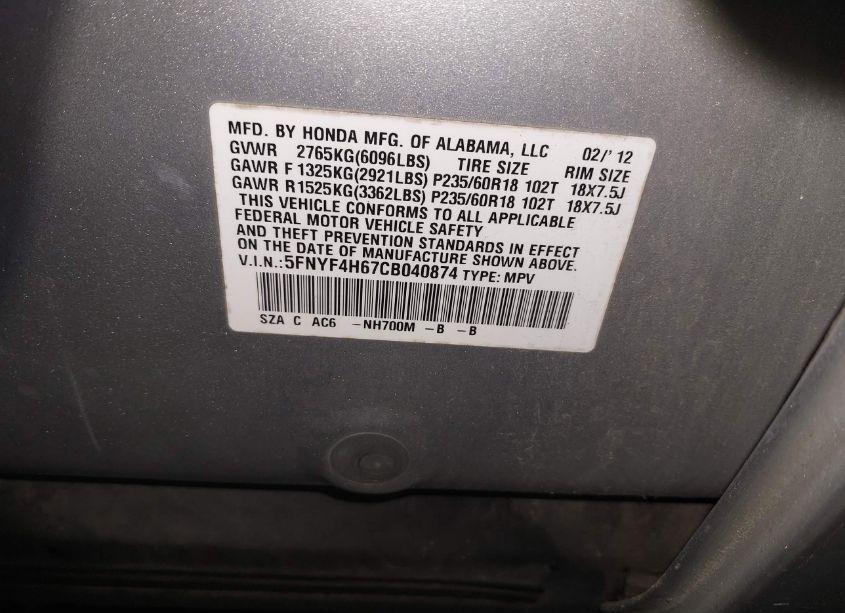 Photo 9 of 2012 Honda Pilot EX-L (VIN 5FNYF4H67CB040874)