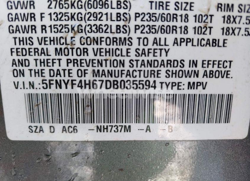 Photo 9 of 2013 Honda Pilot EX-L (VIN 5FNYF4H67DB035594)