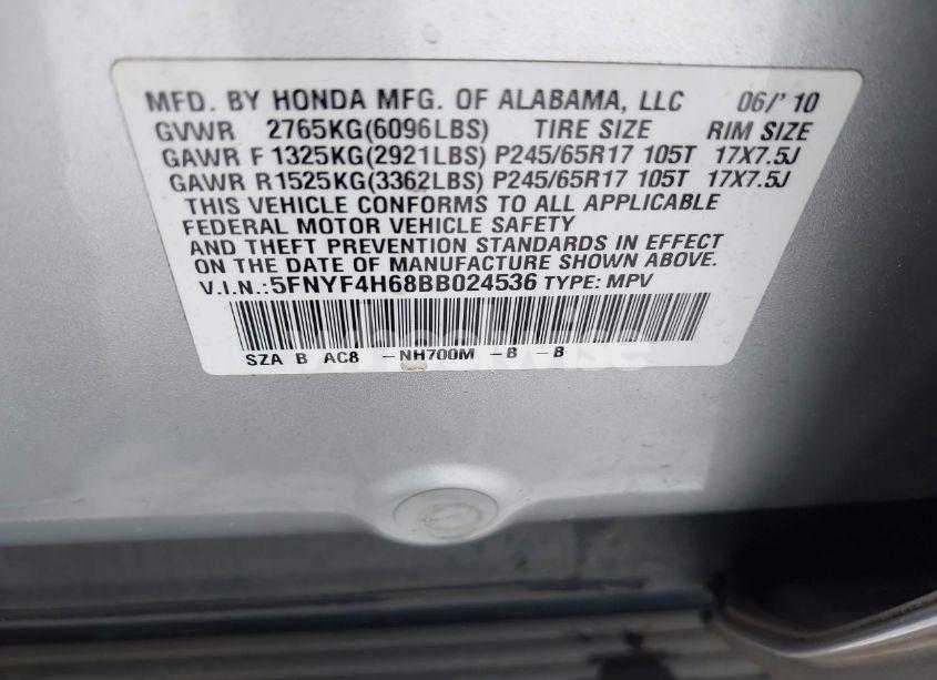 Photo 9 of 2011 Honda Pilot EX-L (VIN 5FNYF4H68BB024536)