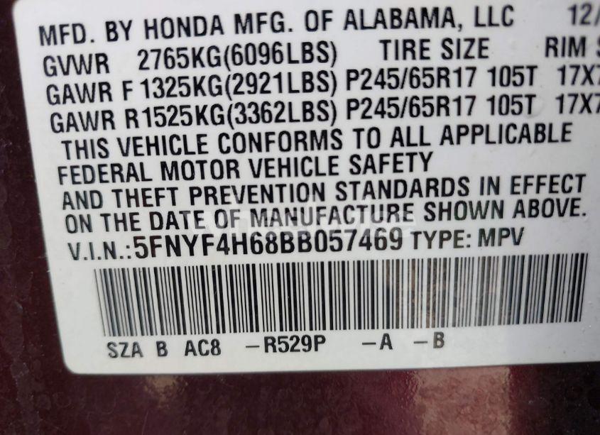 Photo 9 of 2011 Honda Pilot EX-L (VIN 5FNYF4H68BB057469)