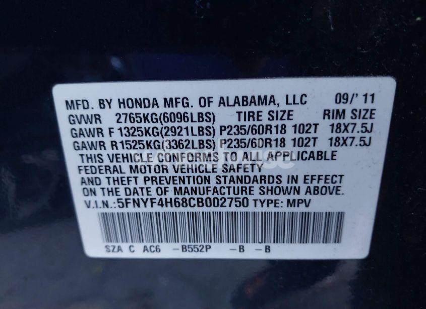 Photo 9 of 2012 Honda Pilot EX-L (VIN 5FNYF4H68CB002750)