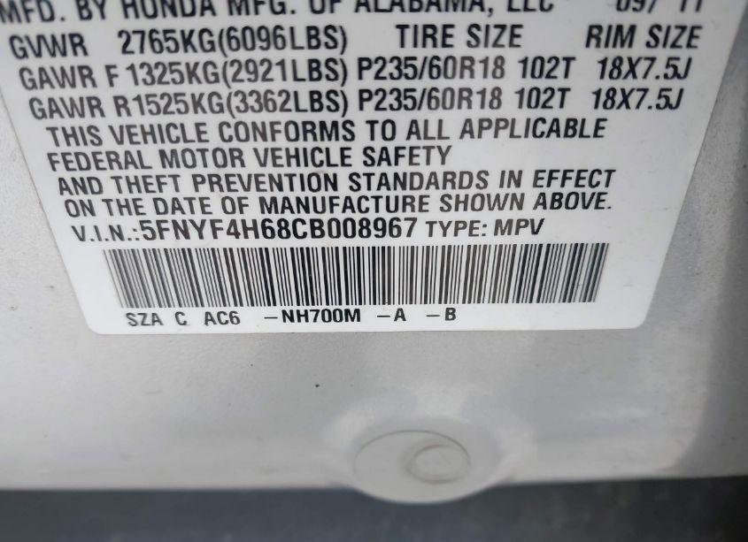 Photo 9 of 2012 Honda Pilot EX-L (VIN 5FNYF4H68CB008967)